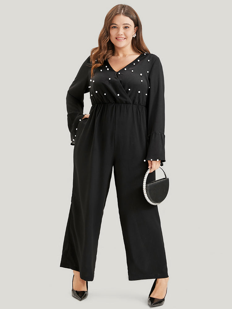 

Plus Size Women Party Plain Beaded Wide Leg Pocket Dating Jumpsuits BloomChic, Black