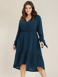 Solid Knotted Sleeve Pocket Wrap Ruffle Asymmetrical Hem Dress