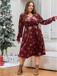 V-neck Pocketed General Print Velvet Dress With Ruffles