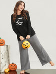Halloween Bat Print Round Neck Pajama Set