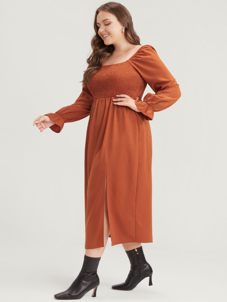 

Plus Size Women Dailywear Plain Shirred Lantern Sleeve Long Sleeve Square Neck Elegance Dresses BloomChic, Rust