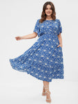 Pocketed Shirred Floral Print Midi Dress With Ruffles