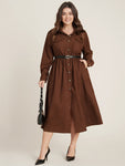 Belted Pocketed Collared Corduroy Dress