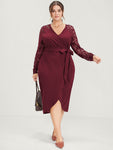 Solid Button Eyelet Lace Belted Wrap Knee Dress