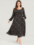 Ditsy Floral Lantern Sleeve Pocket Split Backless Midi Dress