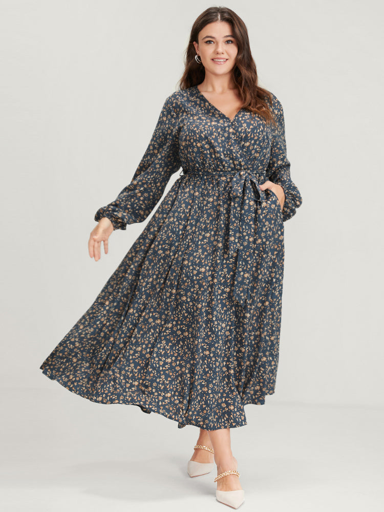 

Plus Size Women Dailywear Ditsy Floral Belted Lantern Sleeve Long Sleeve V Neck Pocket Belt Elegance Dresses BloomChic, Stone