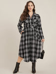 Pocketed Belted Plaid Print Dress