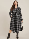 Plaid Pocket Button Cuffed Sleeve Belted Arc Hem Dress