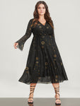 Halloween Moon And Star Bell Sleeve Surplice Neck Midi Dress