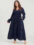 Solid Lantern Sleeve Crochet Lace Button Ties Belted Maxi Dress