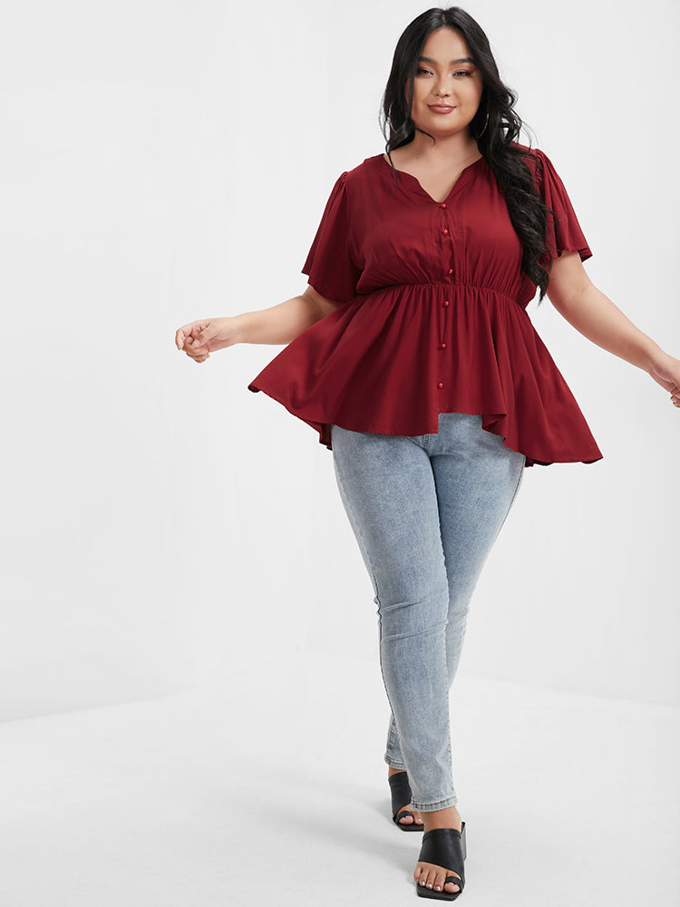 

Plus Size Women Dailywear Plain Asymmetrical Ruffle Sleeve Short Sleeve Notched Casual Blouses BloomChic, Burgundy