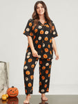 Halloween Pumpkin Print Lapel Collar Button Pajama Set