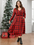 V-neck Pocketed Plaid Print Midi Dress