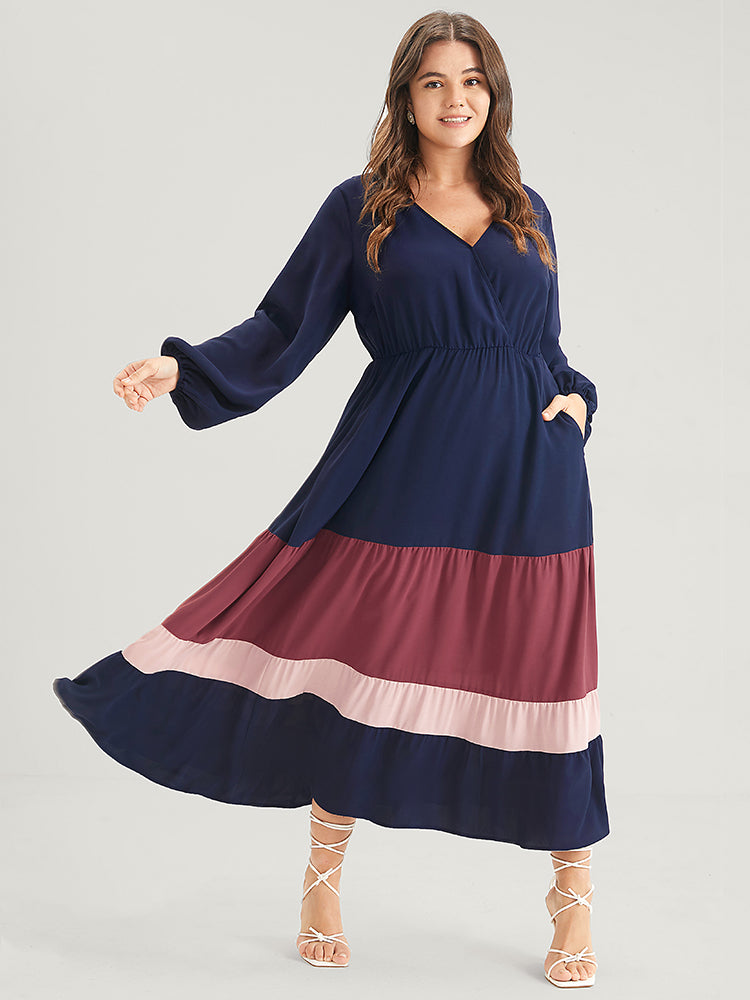 

Plus Size Women Dailywear Colorblock Patchwork Lantern Sleeve Long Sleeve V Neck Pocket Elegance Dresses BloomChic, Dark blue