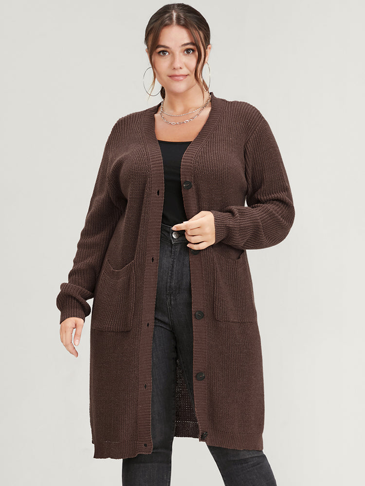 

Plain Pointelle Knit Split Hem Pocket Button Front Long Cardigan BloomChic, Dark brown