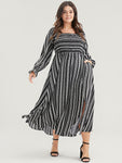 Square Neck Striped Print Pocketed Shirred Dress