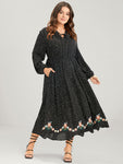 Polka Dot Lantern Sleeve Pocket Embroidered Detail Dress