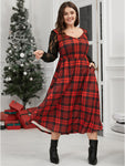 V-neck Lace Plaid Print Pocketed Midi Dress