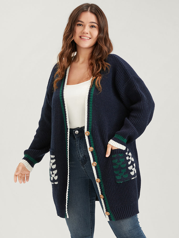 

Contrast Trim Pointelle Knit Button Front Pocket Jacquard Cardigan BloomChic, Dark blue