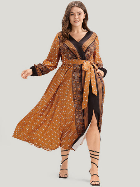 Geometric Print Belted Pocketed Wrap Dress
