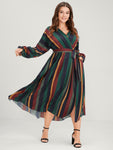 Belted Pocketed Wrap Dolman Flutter Sleeves Striped Print Dress by Bloomchic Limited