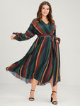 Dolman Flutter Sleeves Wrap Pocketed Belted Striped Print Dress