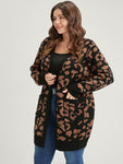 Leopard Pointelle Knit Jacquard Pocket Open Front Cardigan