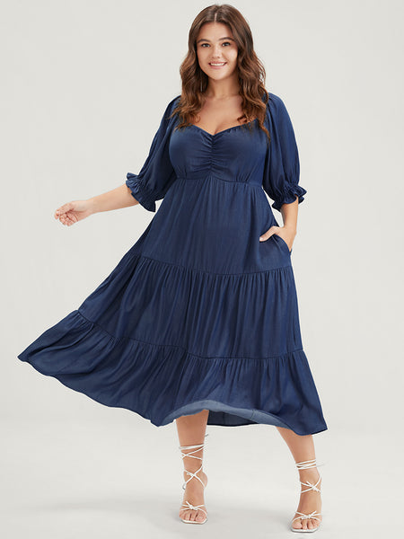Puff Sleeves Sleeves Gathered Pocketed Tiered Midi Dress With Ruffles