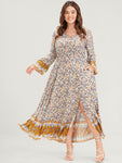 V-neck Floral Print Bell Sleeves Pocketed Maxi Dress With Ruffles