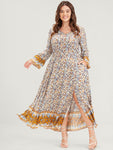 V-neck Bell Sleeves Pocketed Floral Print Maxi Dress With Ruffles
