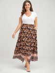 Floral Elastic Waist Button Pocket Split Skirt