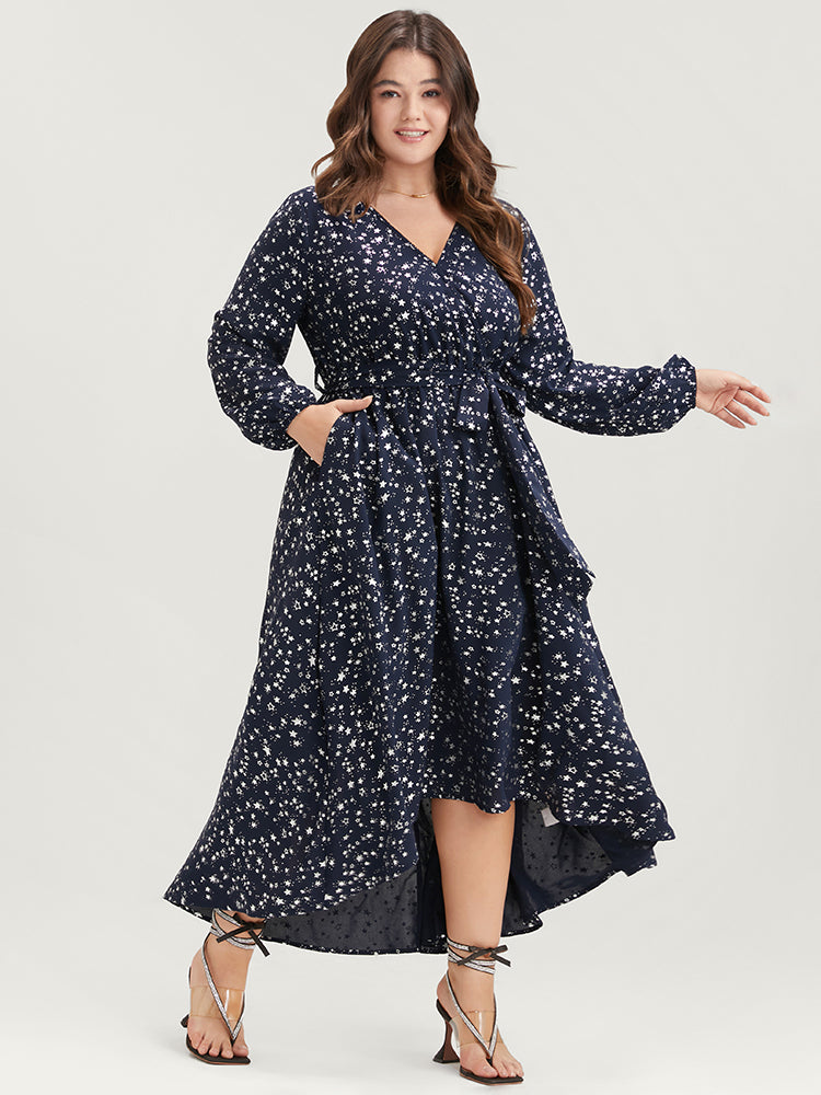 

Plus Size Women Going out Moon and Star Belted Lantern Sleeve Long Sleeve V Neck Pocket Belt Party Dresses BloomChic, Indigo