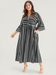 Bell Sleeves Pocketed Striped Print Maxi Dress With Ruffles