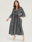 Pocketed Bell Sleeves Striped Print Maxi Dress With Ruffles