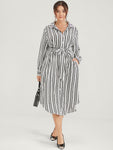 Pocketed Collared Striped Print Dress