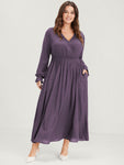 Polka Dot Pocket Lantern Sleeve Lace Trim Shirred Dress