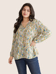 Ditsy Floral Print Notched Lantern Sleeve Blouse