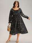 Glitter Star Knot Neck Pocket Lantern Sleeve Dress