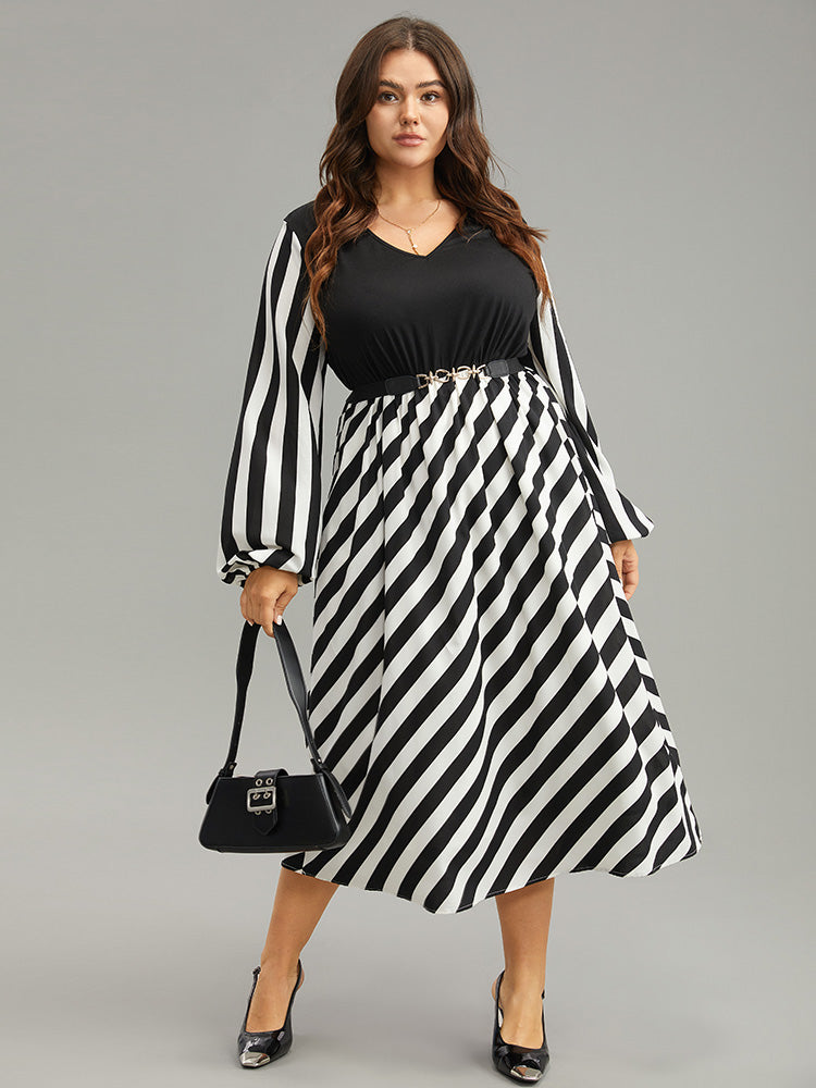 

Plus Size Women Workwear Striped Elastic cuffs Lantern Sleeve Long Sleeve V Neck Pocket Workleisure Dresses BloomChic, Black