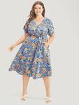 Floral Print Petal Sleeve Pocket Flutter Hem Wrap Dress