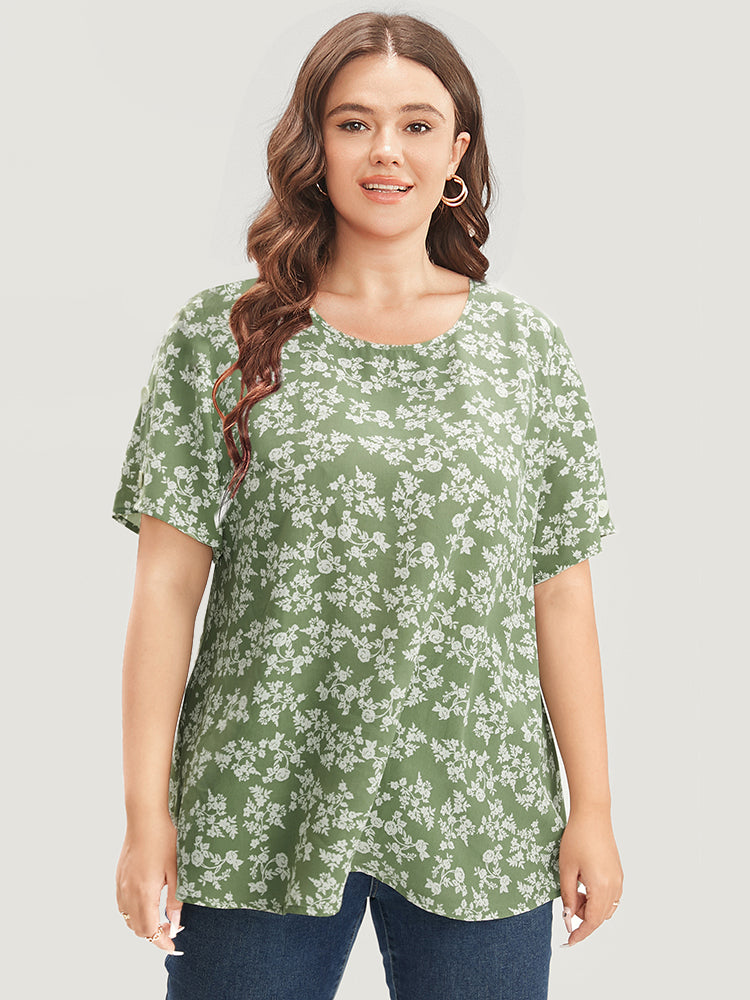 

Plus Size Women Dailywear Ditsy Floral Ruffle Sleeve Short Sleeve Round Neck Elegance Blouses BloomChic, Mint