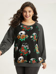 Halloween Skull & Floral Print Raglan Sleeve Sweatshirt