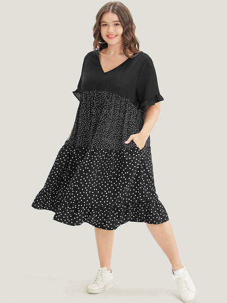 Polka Dots Print Pocketed Dress With Ruffles