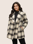 Plaid Contrast Belted Lapel Collar Coat