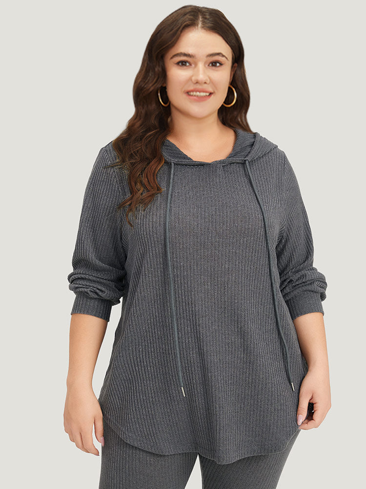 

Plain Rib Knit Hooded Ties Curved Hem Top BloomChic, Gray