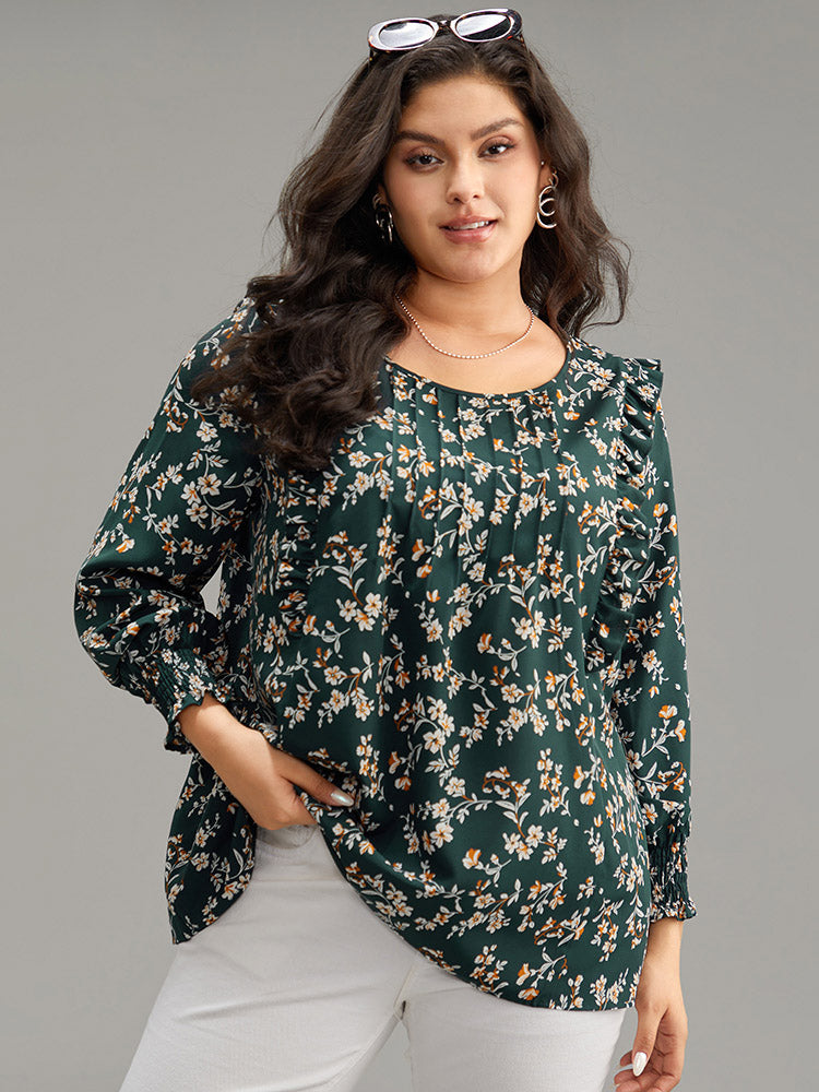 

Plus Size Women Dailywear Ditsy Floral Elastic cuffs Lantern Sleeve Long Sleeve Round Neck Elegance Blouses BloomChic, Dark green