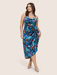 Colored Floral Velvet Cowl Neck Ruched Cami Dress