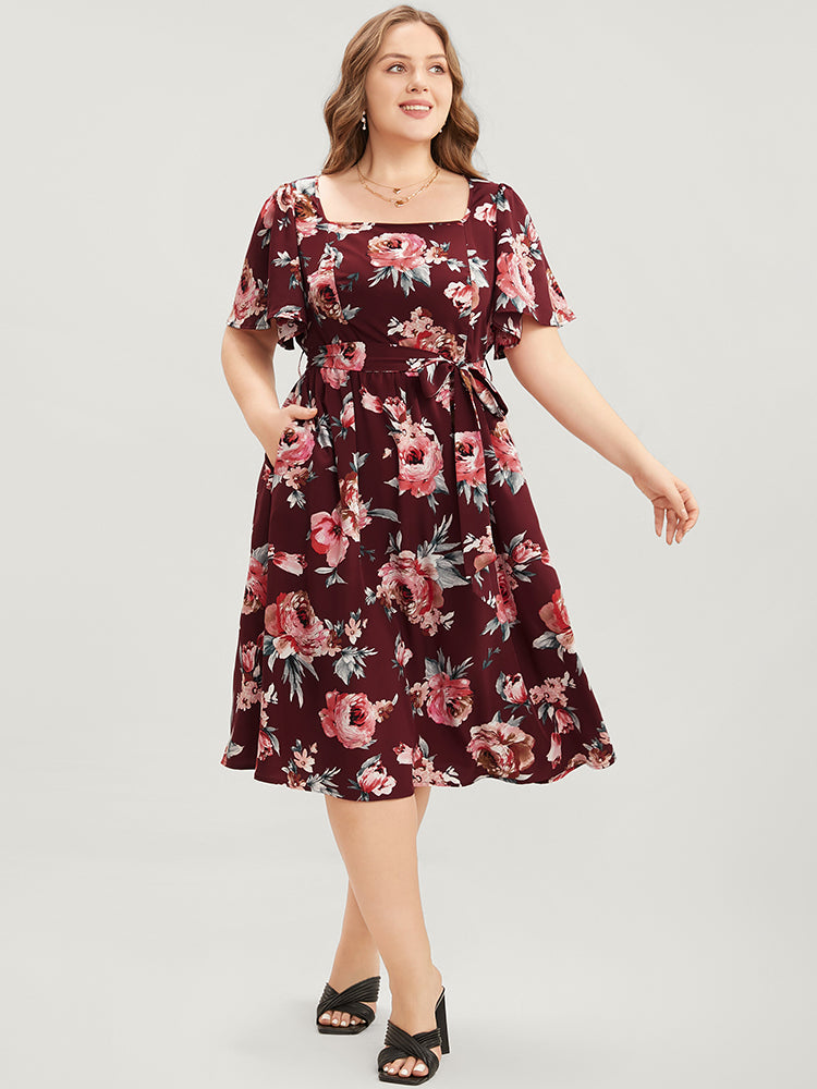 

Plus Size Women Dailywear Floral Belted Ruffle Sleeve Short Sleeve Square Neck Pocket Belt Elegance Dresses BloomChic, Burgundy