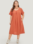Solid Pleated Front Pocket Cuffed Sleeve Dress