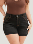 High Rise Black Wash Roll Hem Denim Shorts